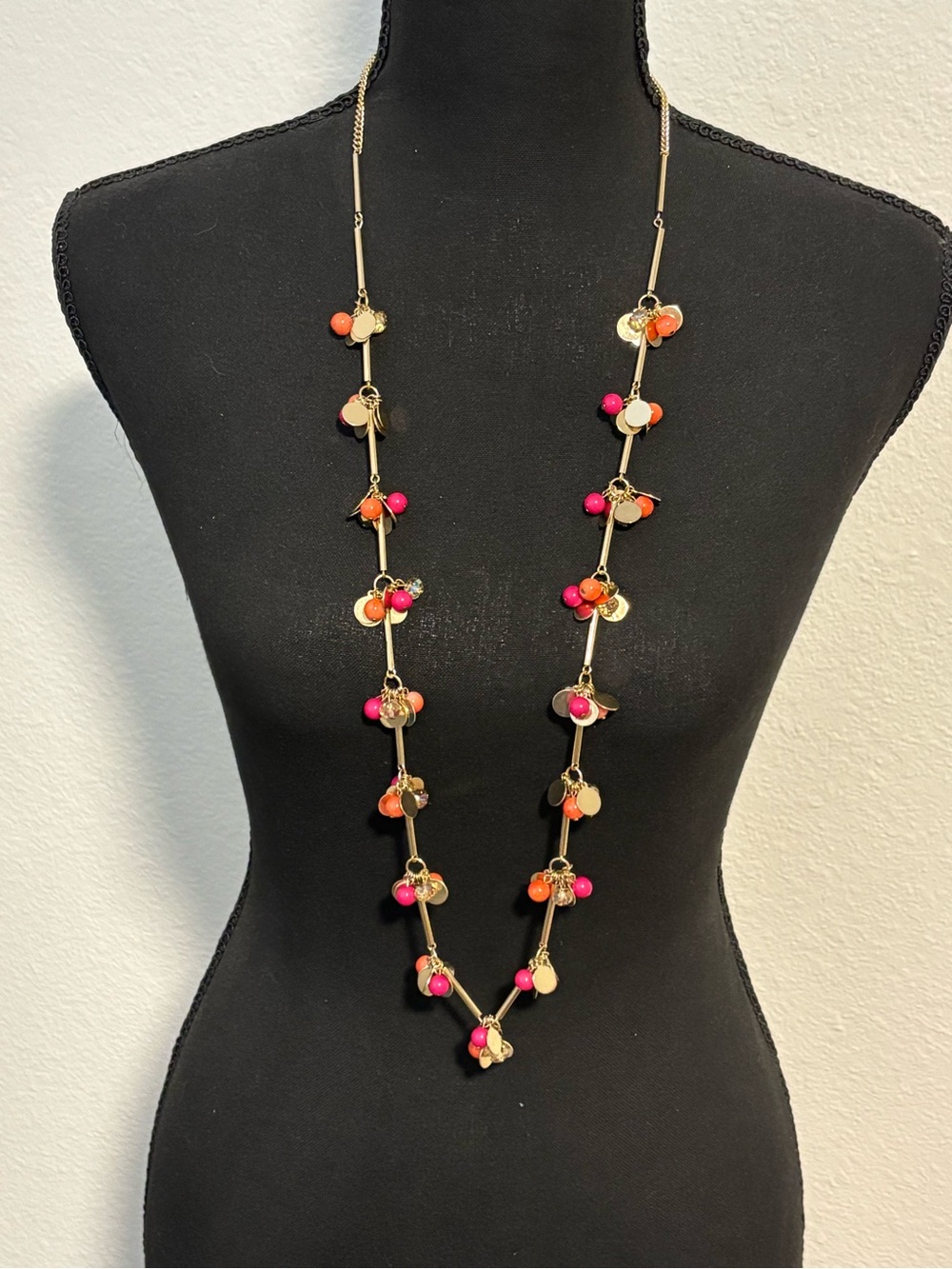 Jules Gold-Tone Long Necklace with Pink and Orange Beads 38”+3”